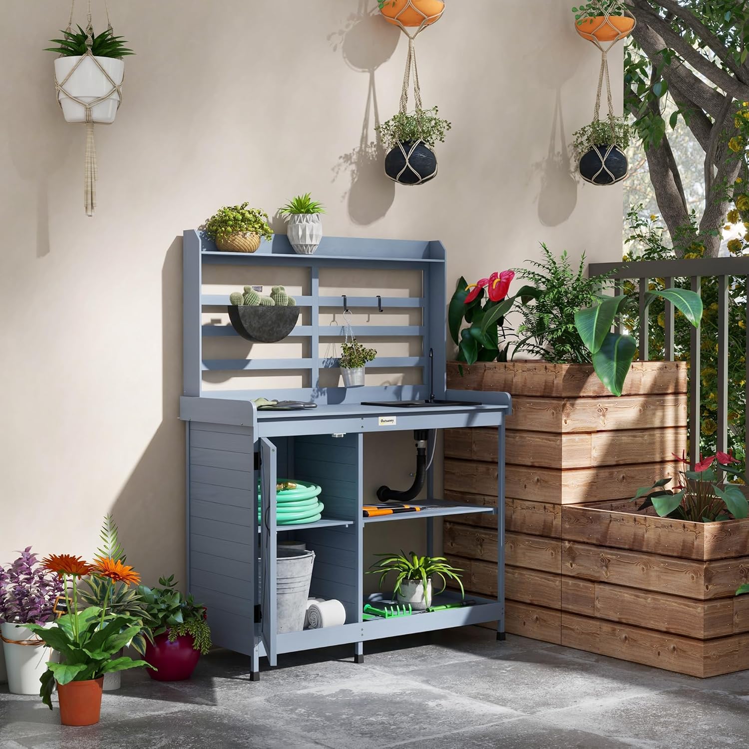 Wooden Potting Bench, Outdoor Potting Table with Storage Cabinet, Storage Shelves, Sink, Water Tap, Wood Table Top for Backyard, Patio, Balcony, Gray