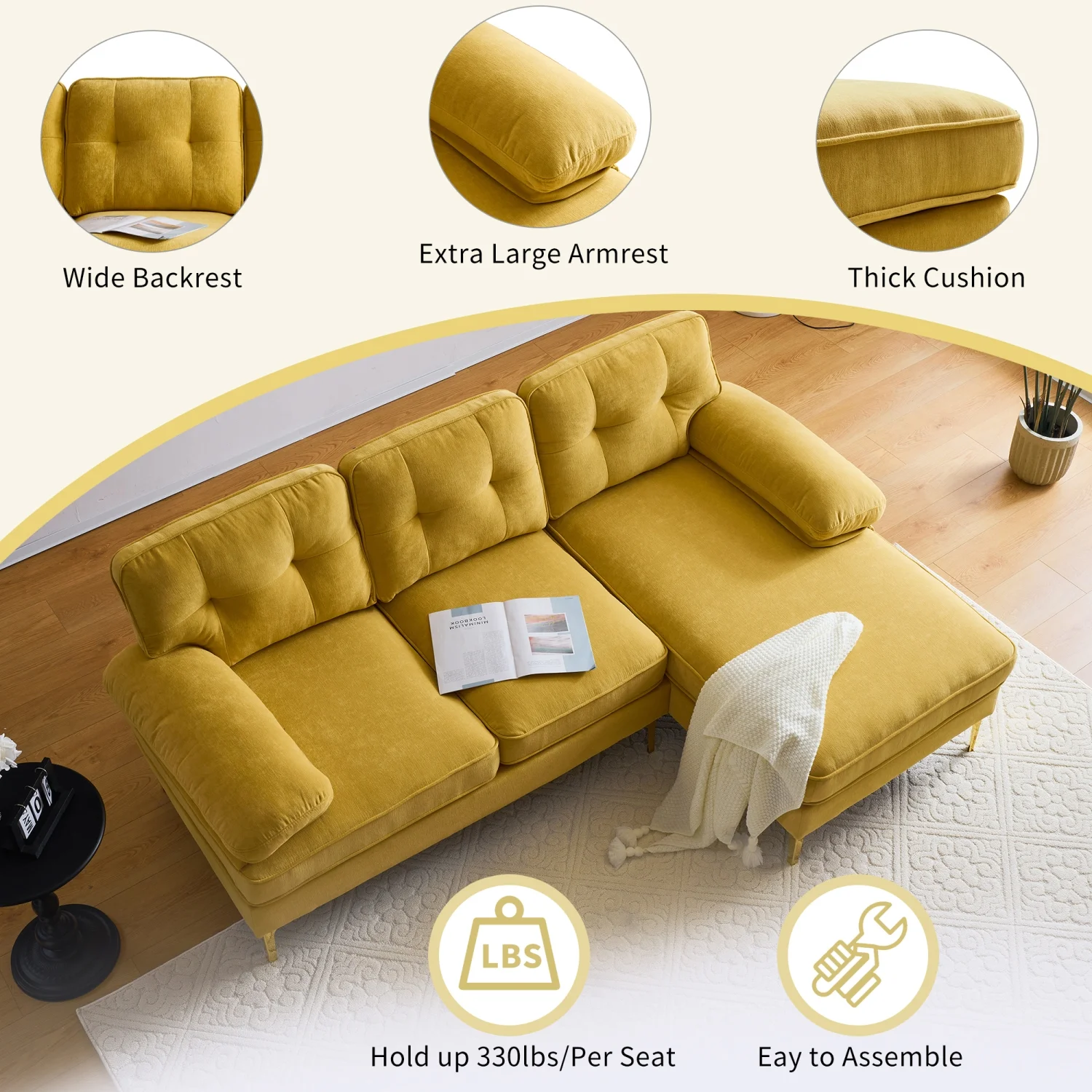Churanty Modern 3 Seater Sectional Sofa with Chaise,Velvet L Shape Sofa Couch with Gold Legs for Living Room Bedroom,Yellow