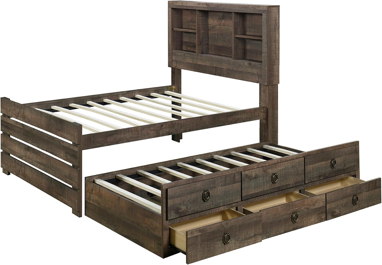 Farmhouse Style Twin Size Bookcase Captain Bed with Three Drawers and Trundle, Rustic Brown