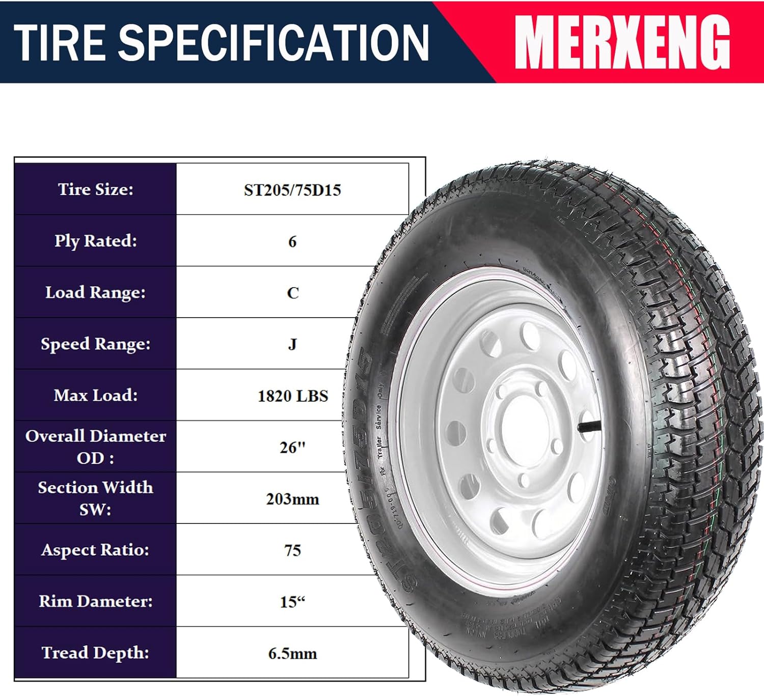 ST205/75D15 Trailer Tires, 5 Lug Tires, 6PR Load Range C, 15in Fuel-saving Designed Trailer Tires 205 75 15 for Travel/Camper/Landscape/Cargo/Utility/Boat/Horse/Farm/Hauler Trailer(Pack of 2)