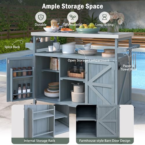 Outdoor Kitchen Island,Rolling Bar Cart & Storage Cabinet,Solid Wood Grill Table with Stainless Steel Top and Internal Storage Racks,for Patio Kitchen & Barbecue (Natural@Grill Table)