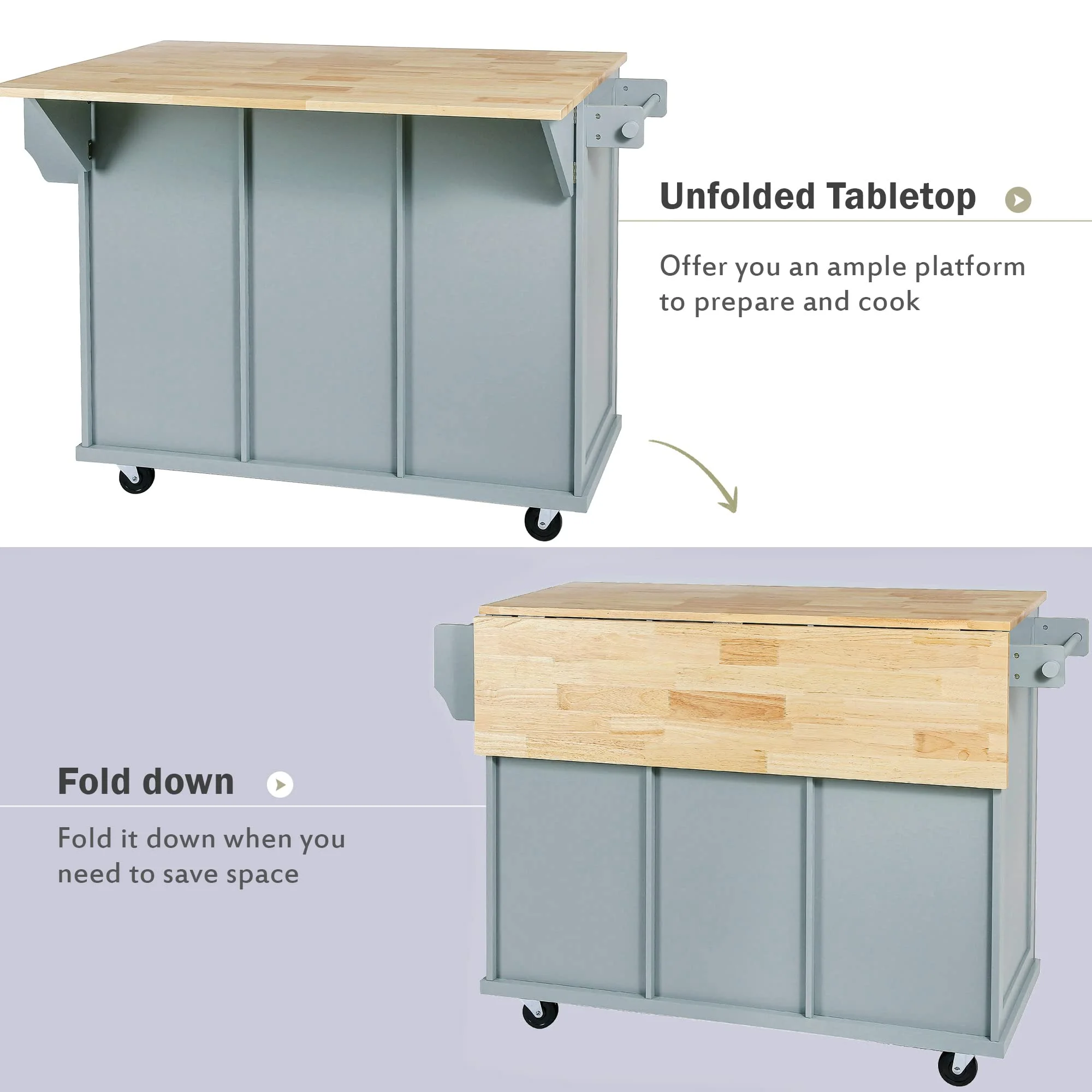 Kitchen Island Cart on Wheels Portable Kitchen Cart with Drop Leaf Rolling Serving Utility Trolley Cart with Storage Cabinet and 3 Drawers, Kitchen Serving Cart for Dining Room, Bar