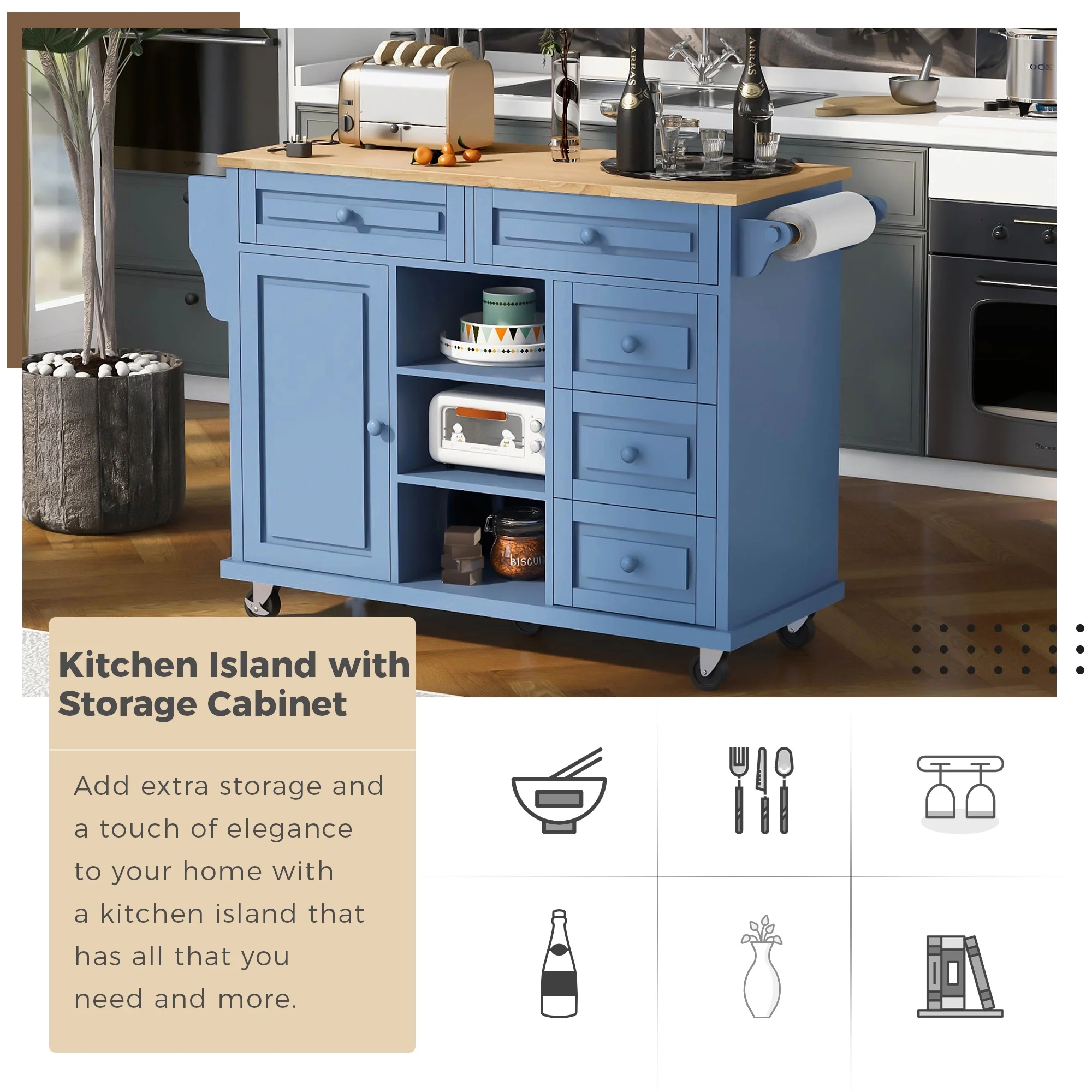 Hombay Mobile Kitchen Island Cart with Doors Drawers, Rolling Sideboard Storage Cabinet Trolley, Towel Holder, Spice Rack with Lockable Wheels