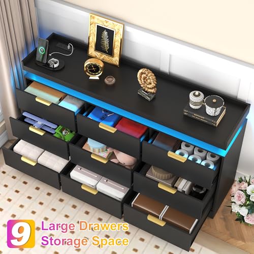 White Dresser with LED Lights, Wooden LED Dresser, 4 Drawer Chest with Charging Station, Tall Chest of Drawer Closet Organizer for Bedroom, Living Room, Entryway, Hallway