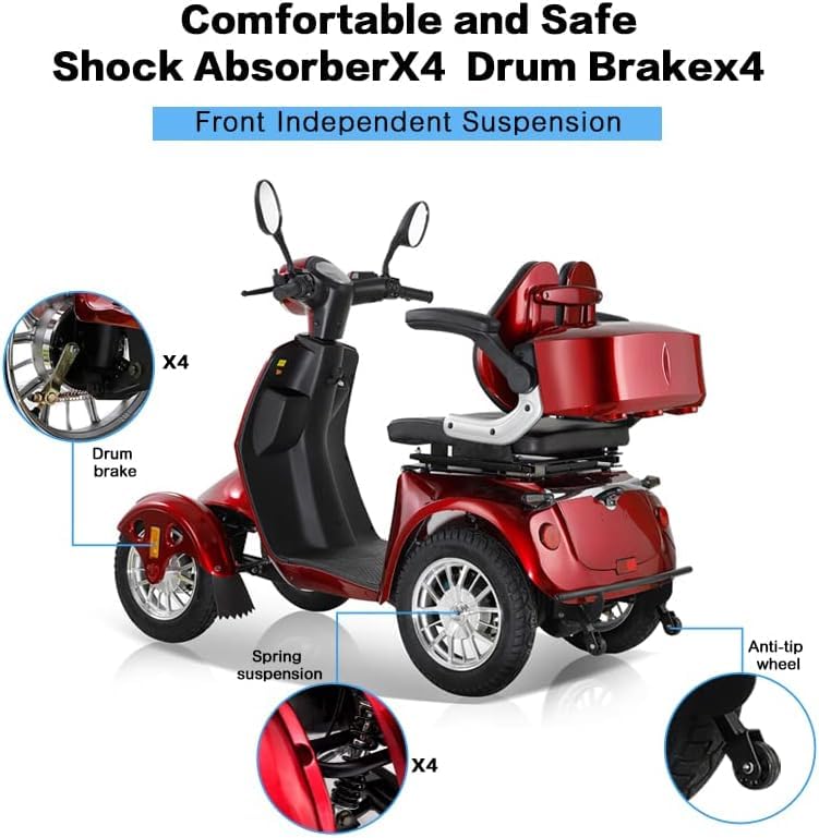 ccko Folding Mobility Electric Scooter 60V 800W Powerful Motor,Mobility Scooters for Adults,4 Wheel Portable Power Travel Scooters,30 Miles Long Range Electric Powered Wheelchair Device (Red)