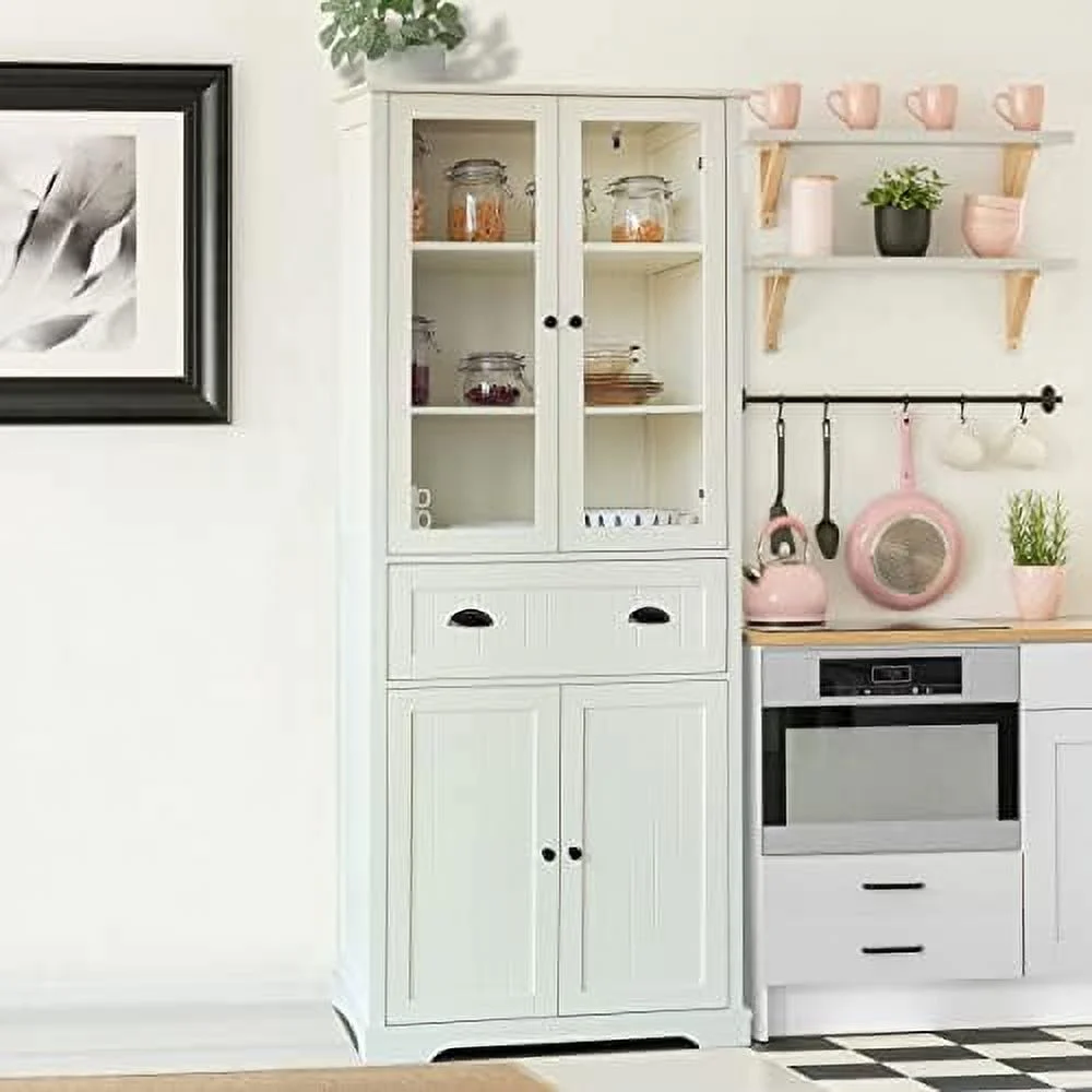 RUNFAYBIU Kitchen Pantry Cabinet   72" Freestanding Kitchen  Cabinets with Large Drawer  Tall Enclosed Cupboard with Adjustable Shelves  Natural Color