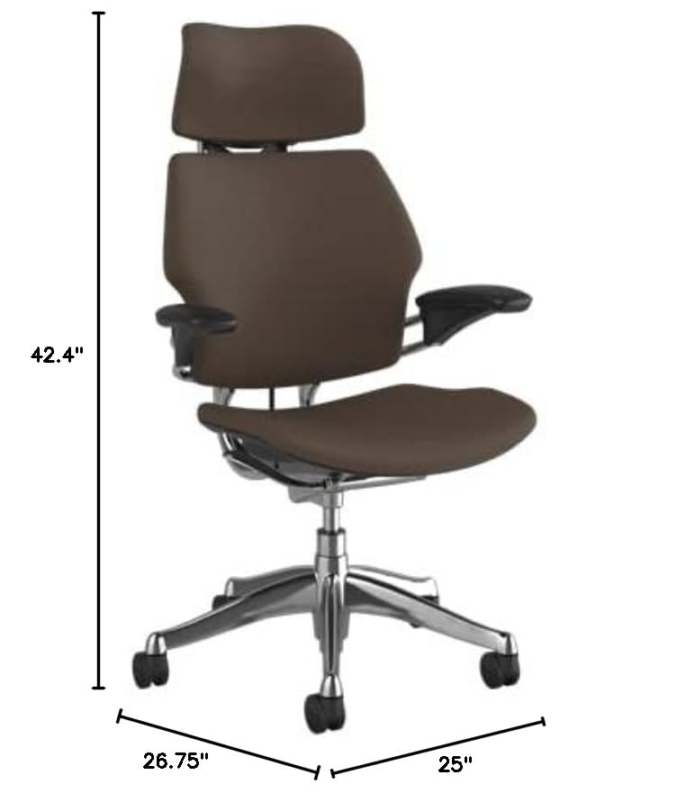 Humanscale Freedom Office Chair with Headrest - Ergonomic Work Chair with Standard Height Adjustable Duron Arms - Wheels for Carpet - Polished Aluminum Frame with Black Lotus Fabric