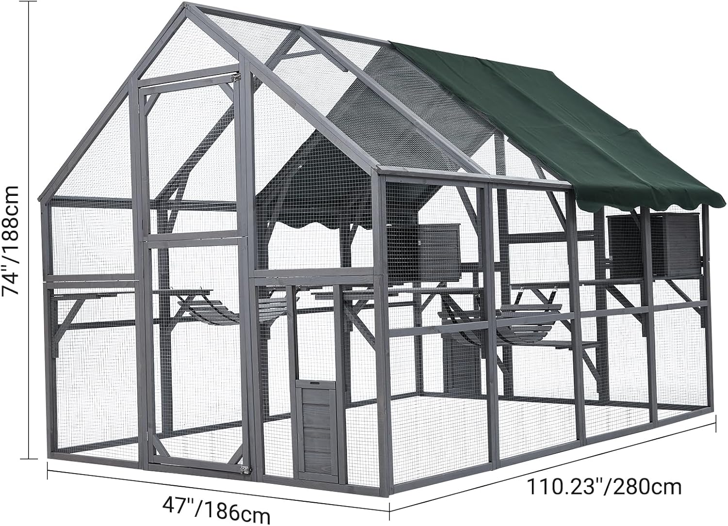 Large 3-Tier Outdoor Cat House, Small Animal Enclosure with 2 Lockable Cat Doors and a Walk in Door, Large Catio with Half Waterproof Cover, Portable Kitty House with Resting Boxes