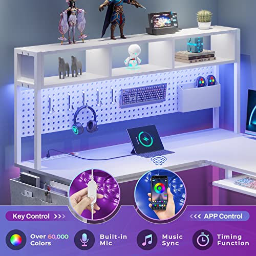 SEDETA L Shaped Gaming Desk, Reversible Computer Desk with Power Outlet and Pegboard, Gaming Desk with Led Lights, Keyboard Tray and Storage Bag for Home Office, Black