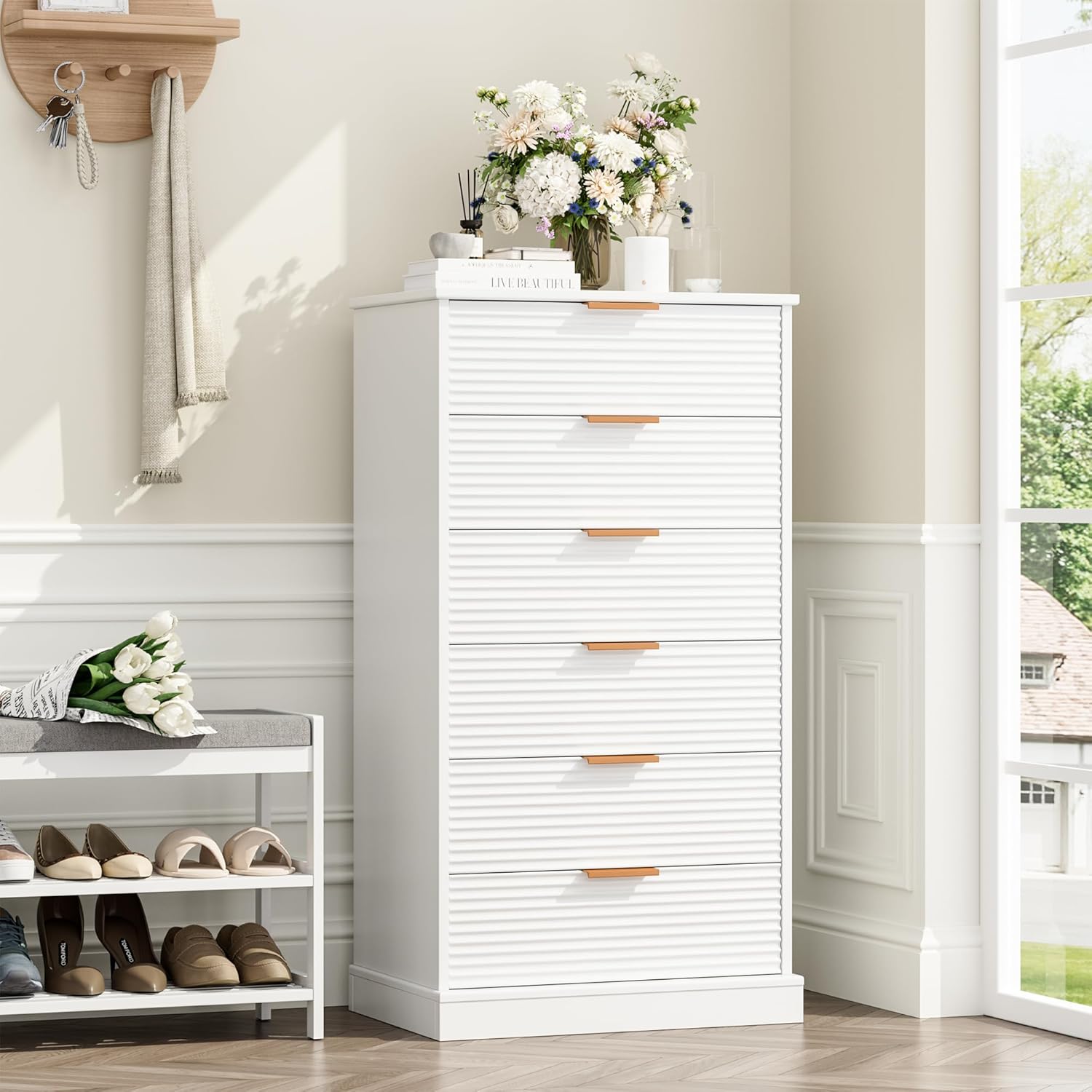 6 Drawer Dresser, Tall White Dresser with Large Storage Space, Modern Chest of Drawers with Handles, 6 Large Capacity Vertical Dressers for Home & Office