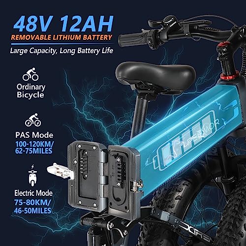 PEXMOR Electric Bike for Adults, 750W(Peak 1000W) 30MPH | Full Suspension Mountain Ebike, 60+ Miles 48V 12AH Removable Battery, 26 Fat Tire Foldable Commuter Electric Bicycle 21 Speed, UL2849