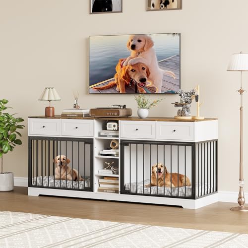 GarveeHome 82” Double Dog Crate Furniture, Large Dog Kennel Indoor for 2 Dogs, Heavy Duty Wooden Dog Crate TV Stand with 4 Drawers and Shelves, White
