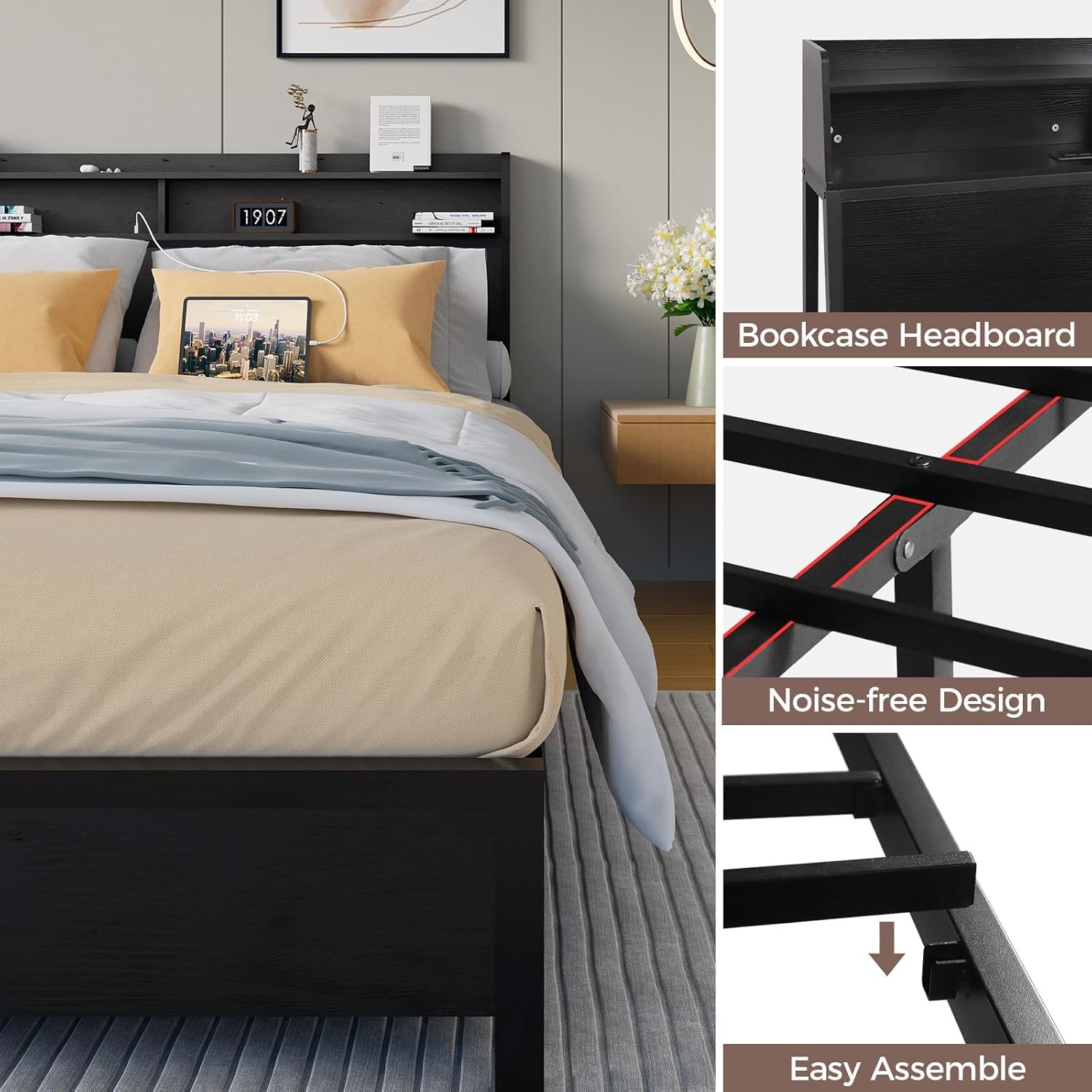 EVASTAR Queen Bed Frame with Storage Headboard and 4 Drawers, Metal Platform Bed Frame with Charging Station, Easy Assembly, Black