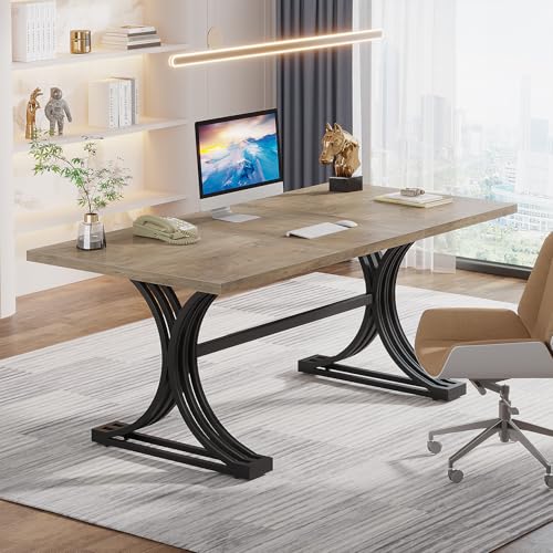 Tribesigns 63" Large Office Desk, Modern Rectangle Executive Desks with Stylish Gold Legs, Wood Faux Marble Desk, Business Furniture Work Desk for Home Office, White and Gold