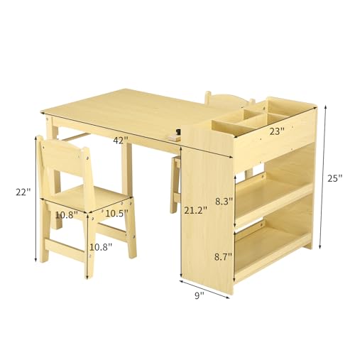 Kids Art Table with 2 Chairs, Toddler Craft Play Wood Activity Desk with Large Storage Shelves for Writing Drawing,Nursery, Children's Wooden Furniture for Classroom Daycares,Home