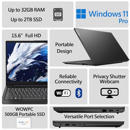 Lenovo Newest V15 Essential Laptop | 16GB RAM | 256GB SSD | 15.6" FHD (1920 x 1080) Display | Intel Quad-core Processor | Ethernet RJ-45 | Windows 11 Home | WOWPC 500GB External HDD