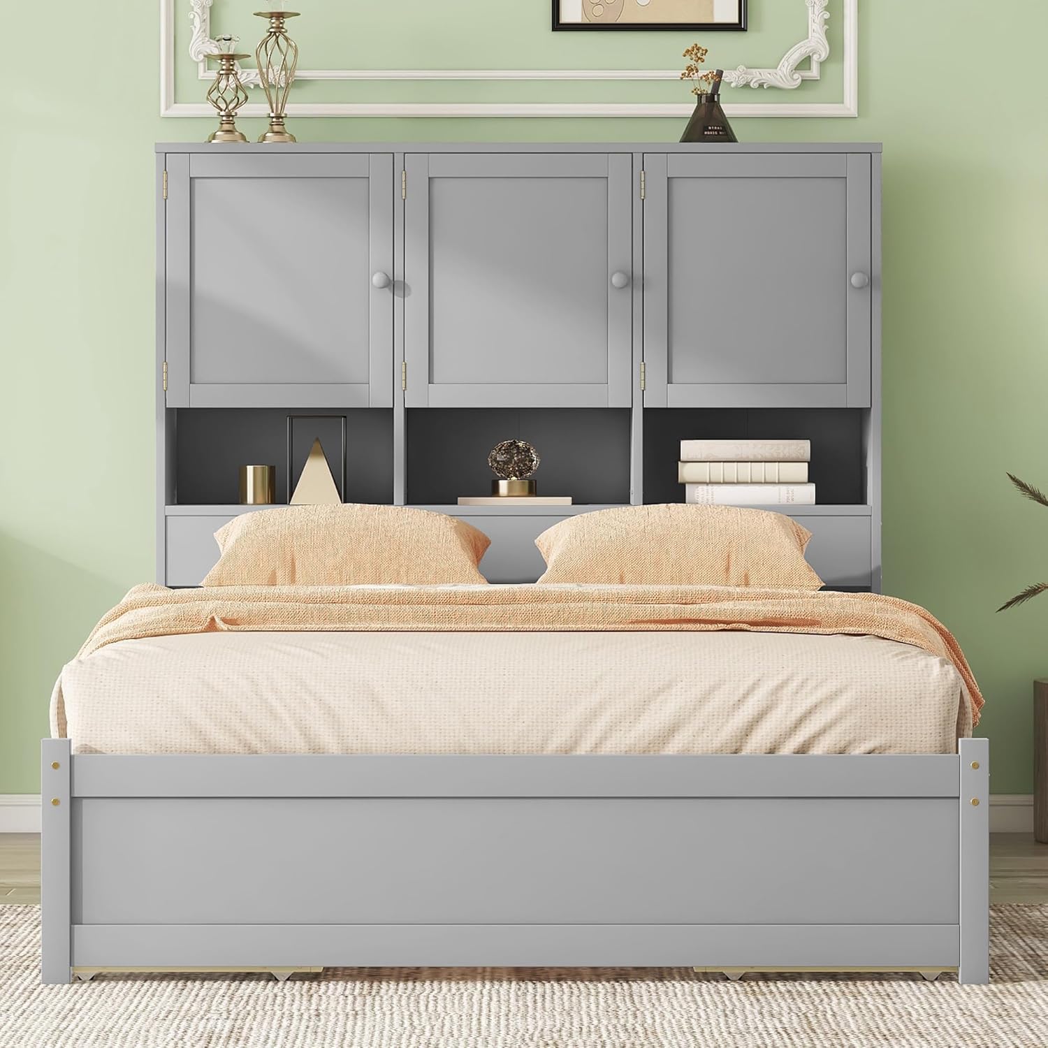 Queen Size Bed Frame, Wooden Platform Bedframe with Storage Headboard, 4 Drawers and Cabinets, No Box Spring Needed, Gray