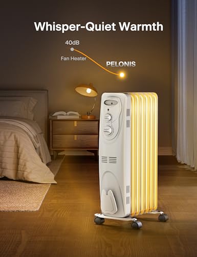 PELONIS Oil Filled Radiator Heater for indoor use Large Room Safe with Thermostat, 1500W Energy Efficient Quiet Space Heater, 3 Heat Settings, Overheat & Tip-Over, Black