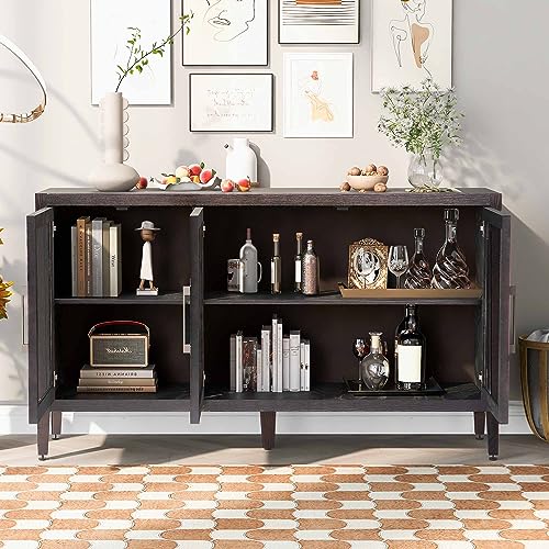 Amposei Modern Sideboard Cabinet 58.2-Inch Credenza Glass Door Console Storage Cabinet Dining Buffet with Adjustable Shelf for Living Room Entryway (Black)