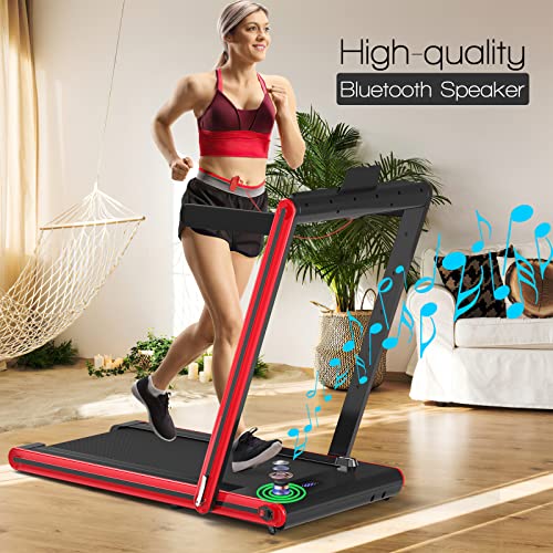 Goplus 2 in 1 Folding Treadmill, 2.25HP Electric Under Desk Treadmill W/LED Display, Blue Tooth Speaker, APP & Remote Control, Phone Holder, Walking Running Machine for Home Office Gym