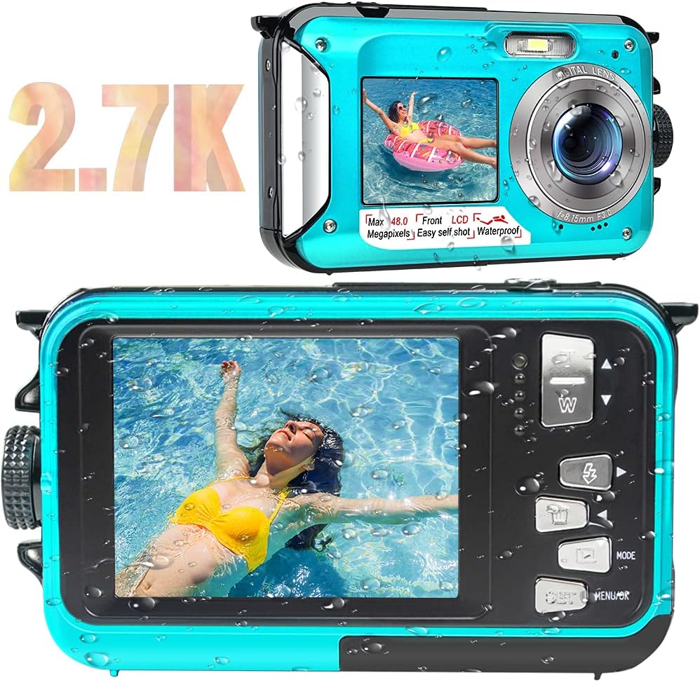 Waterproof Camera Waterproof Digital Camera 48MP Image 2.7K Video Underwater Camera for Snorkeling | Dual Screen | 16X Digital Zoom | Flashlight | 10 Feet Waterproof (Blue) Pack of 2