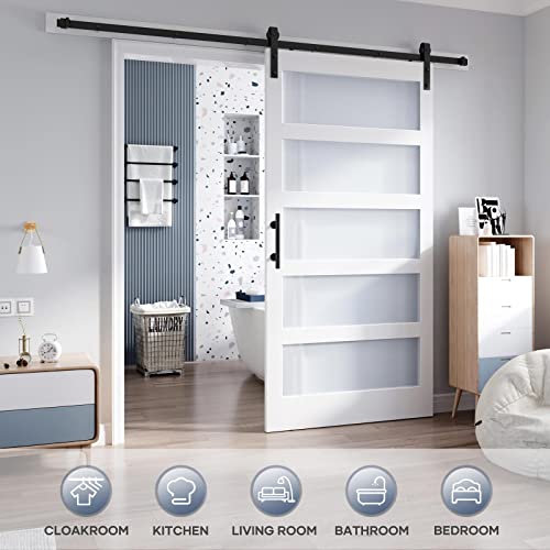 36x84 Inch Glass Sliding Barn Door Slab and 6.6ft Hardware Kit Included, 5 Frosted Glass, LVL Wood Panel Covered with White Water-Proof Scratch-Proof PVC Surface, Simple DIY Assembly