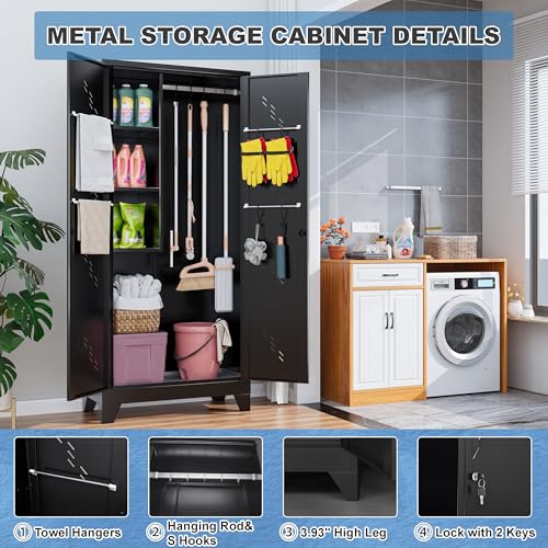 Metal Storage Cabinet with Lockable Doors, 75" Steel Storage Locker Tool Cabinet with Hanging Rod & S-Hooks, Tall Garage Cabinets, Black, 75" H x 33.85" W x 16.53" D