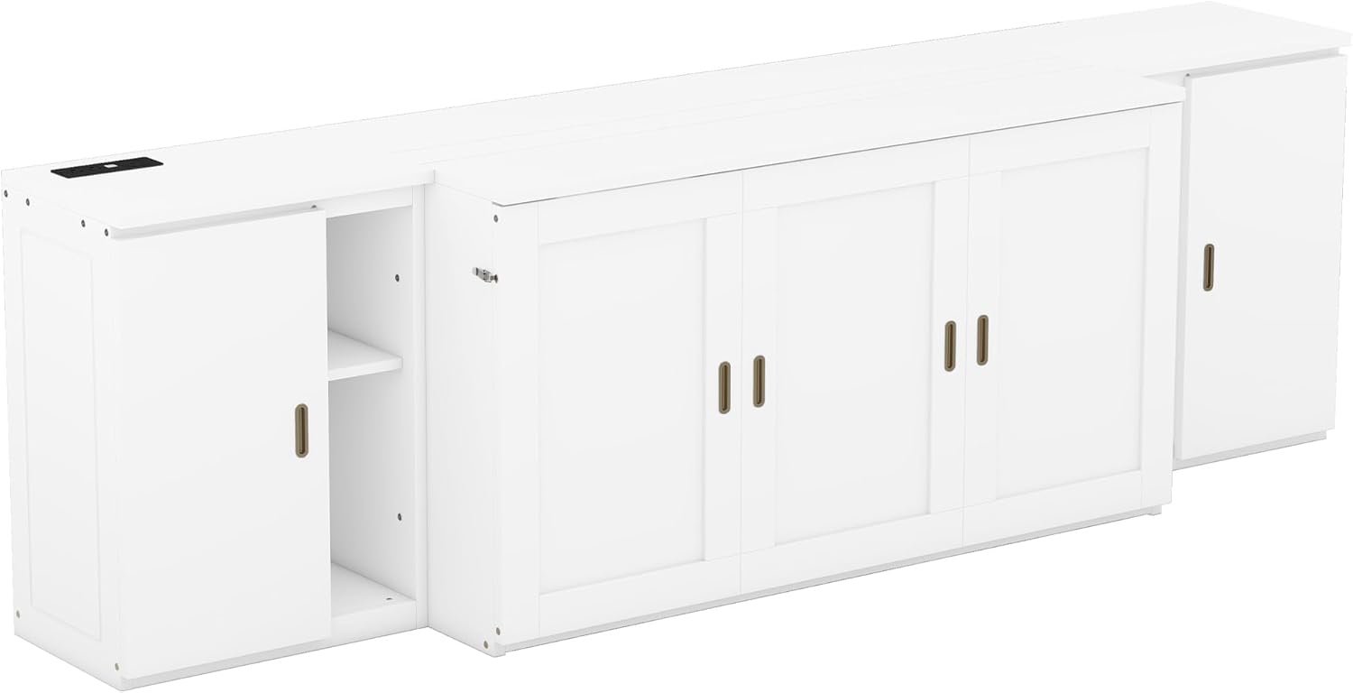 Queen Size Murphy Bed with Shelves and Cabinets,Murphy Wall Bed Queen with USB Ports,Queen Murphy Bed Cabinet for Kids,Boys,Girls,Adults,Bedrooms, Children's Rooms, Space Saving,White