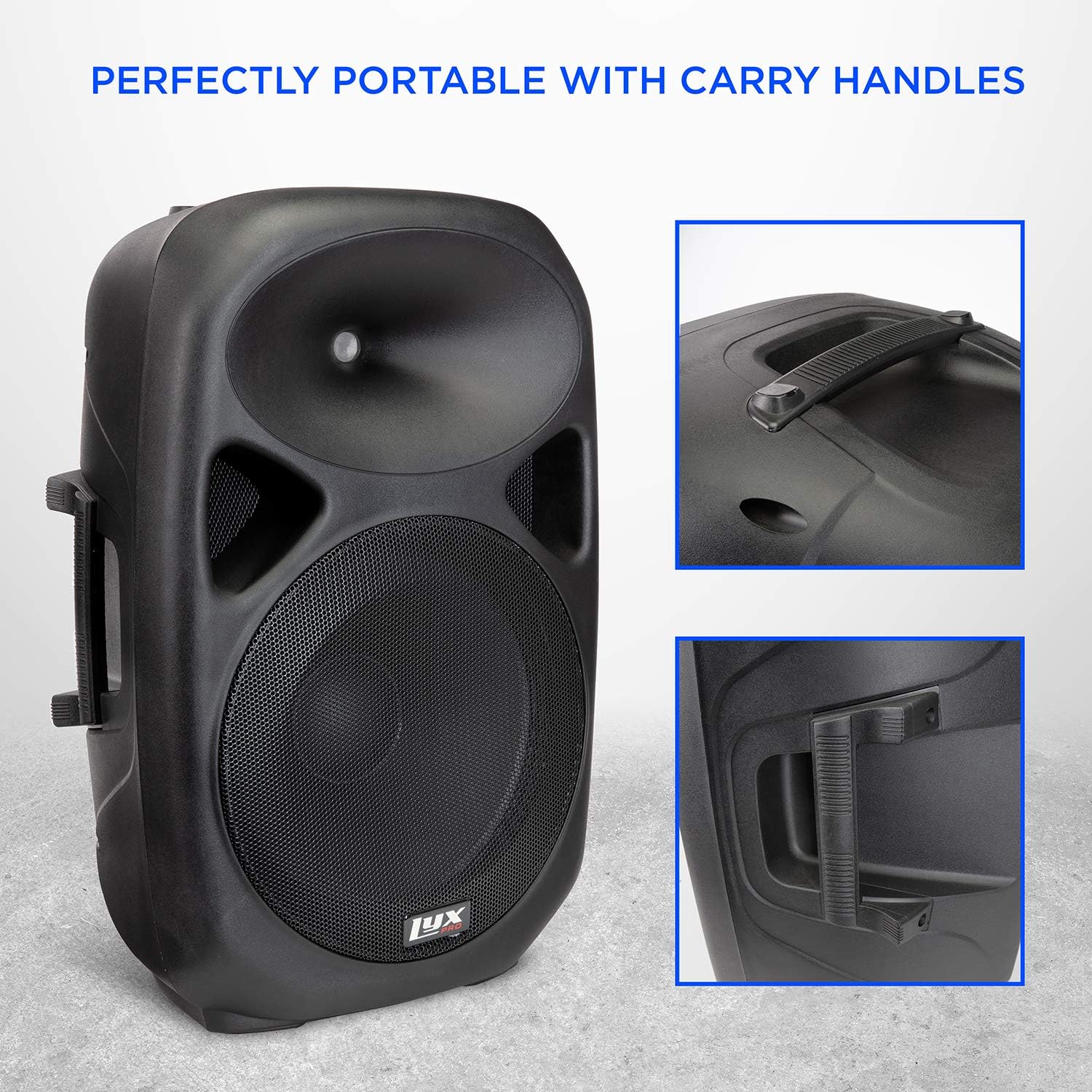 LyxPro SPA15 15 Portable PA Speaker System With Metal Tripod Stand Combo Kit Power Active Power Amplifier Equalizer Bluetooth SD Slot USB MP3 XLR 1/4 1/8 3.5mm Inputs Remote Control Carry Handles