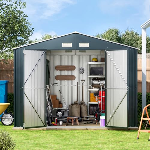 10X12X7.5 FT Outdoor Steel Storage Shed with Lockable Doors, 2 Windows, Transparent Roof Panels (Wood Panels & Frame Floor Not Included), Ideal for Patio Storage,Garbage Can, Chicken Coop，Brown