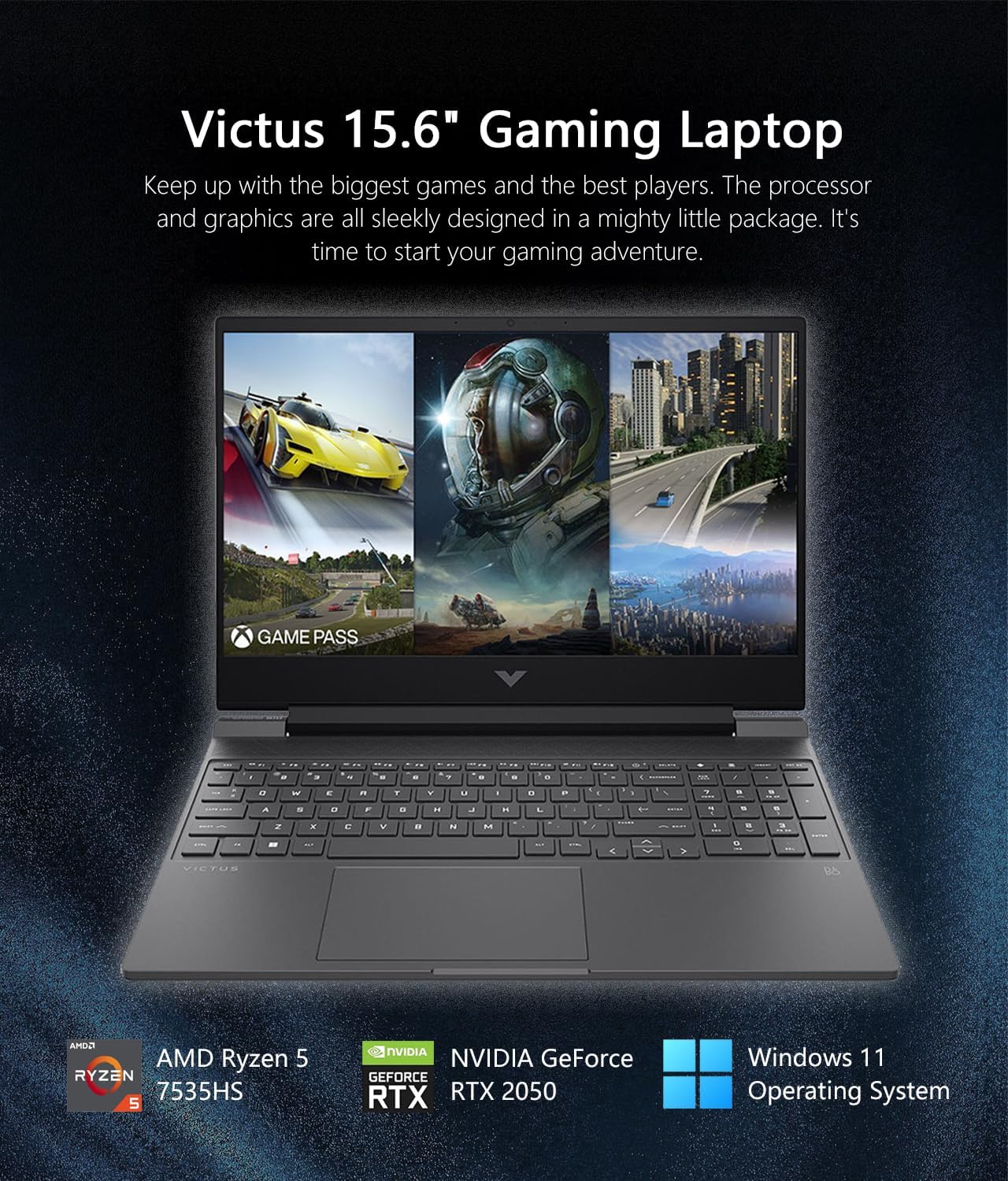 HP Victus 15.6" Full HD 144Hz Gaming Laptop, AMD Ryzen 5 7535HS, 16GB Memory, NVIDIA GeForce RTX 2050, 512GB SSD, Bluetooth, Wi-Fi, Backlit Keyboard, Windows 11, Mica Silver, W/GaLiMu