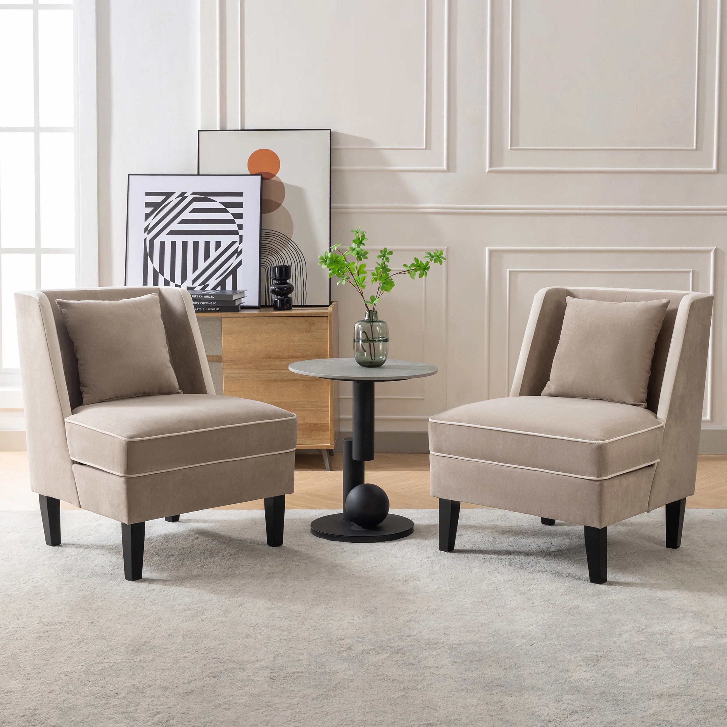 CoSoTower Velvet Upholstered Accent Chair with Cream Piping, Tan and Cream