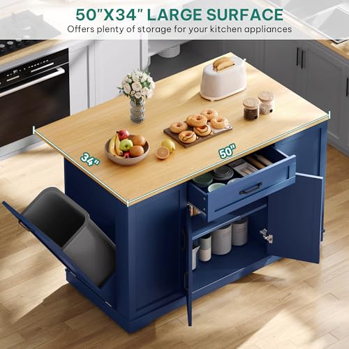YITAHOME 50" Rolling Kitchen Island with Power Outlet & Drop Leaf, Mobile Storage Islands with Trash Can Cabinet, Microwave Rack Serving Cart on Wheels with Spice Rack, Retro White