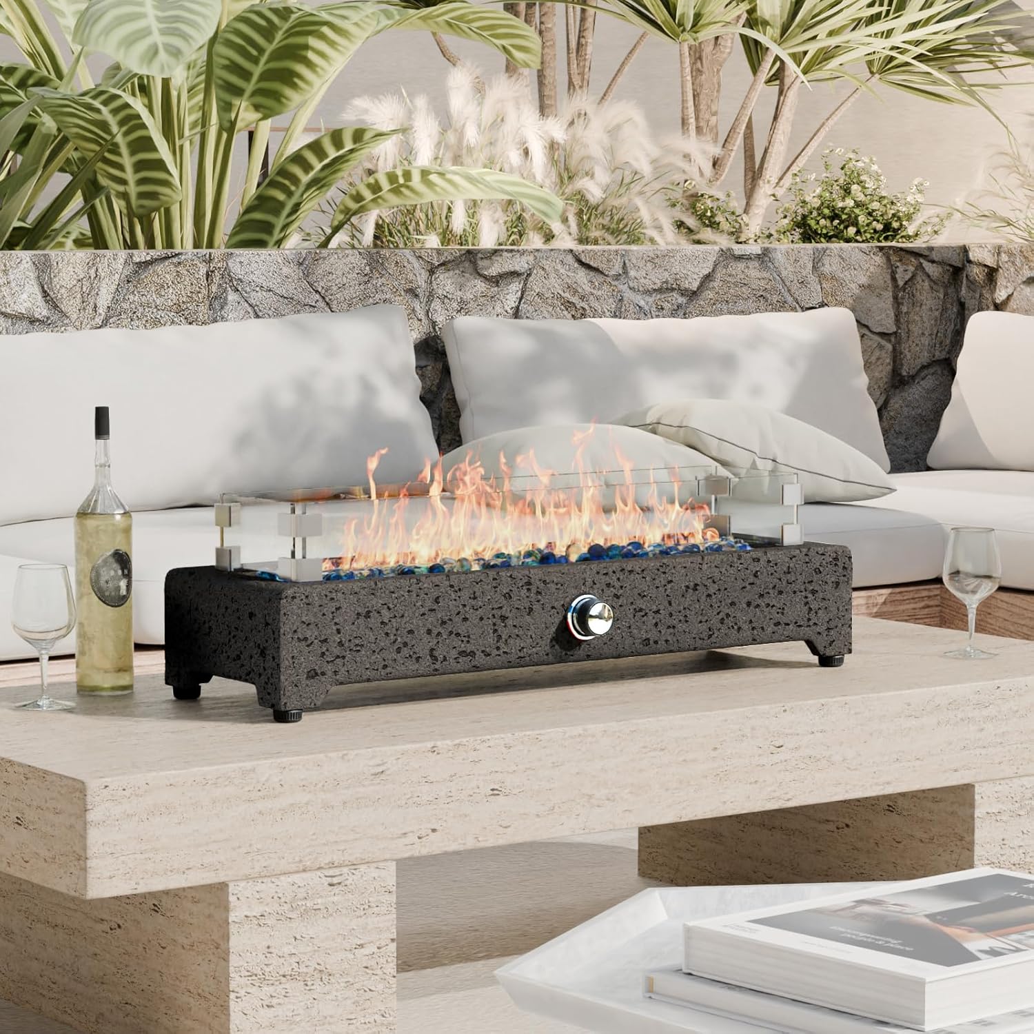COSIEST 28" Tabletop Fire Pit, Outdoor Propane Fire Pit Table w Magnesium Oxide Rectangle Base, 40,000 BTU Stainless Steel Burner, Glass Rocks, Glass Wind Guard, Fits 20lb Tank Outside