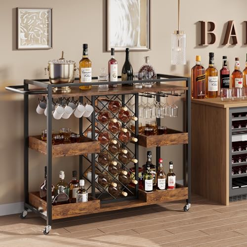 Bar Cart, 39.4 Inches Width 3 Tier Bar Carts for The Home, Home Bar & Serving Carts, Rolling Bar Cart with Wheels, Drink Cart with Wine Rack & Wine Glass Holder Up to 48 for Kitchen-Brown