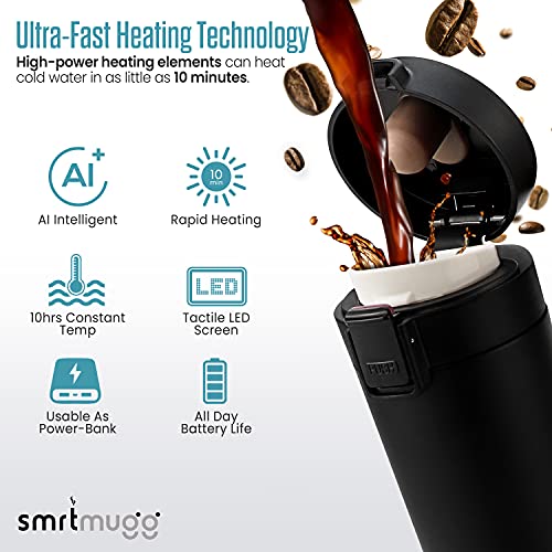 Heated Coffee Mug, All Day Battery Life, Battery Powered Travel Mug, Smart Mug, Great for Coffee and Tea, Fast Heating Technology, Portable Charger (Black 10 oz.)