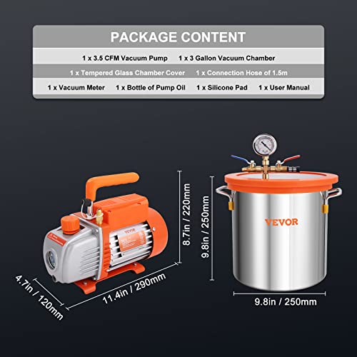 VEVOR Vacuum Pump 7 CFM 3/4HP Dual Stages Air Conditioning Vacuum Pump 2Stage with 5 Gallon Vacuum Chamber Ultimate Vacuum Manifold Gauge Set, Manifold Gauge and Hose for Air Conditioning Systems