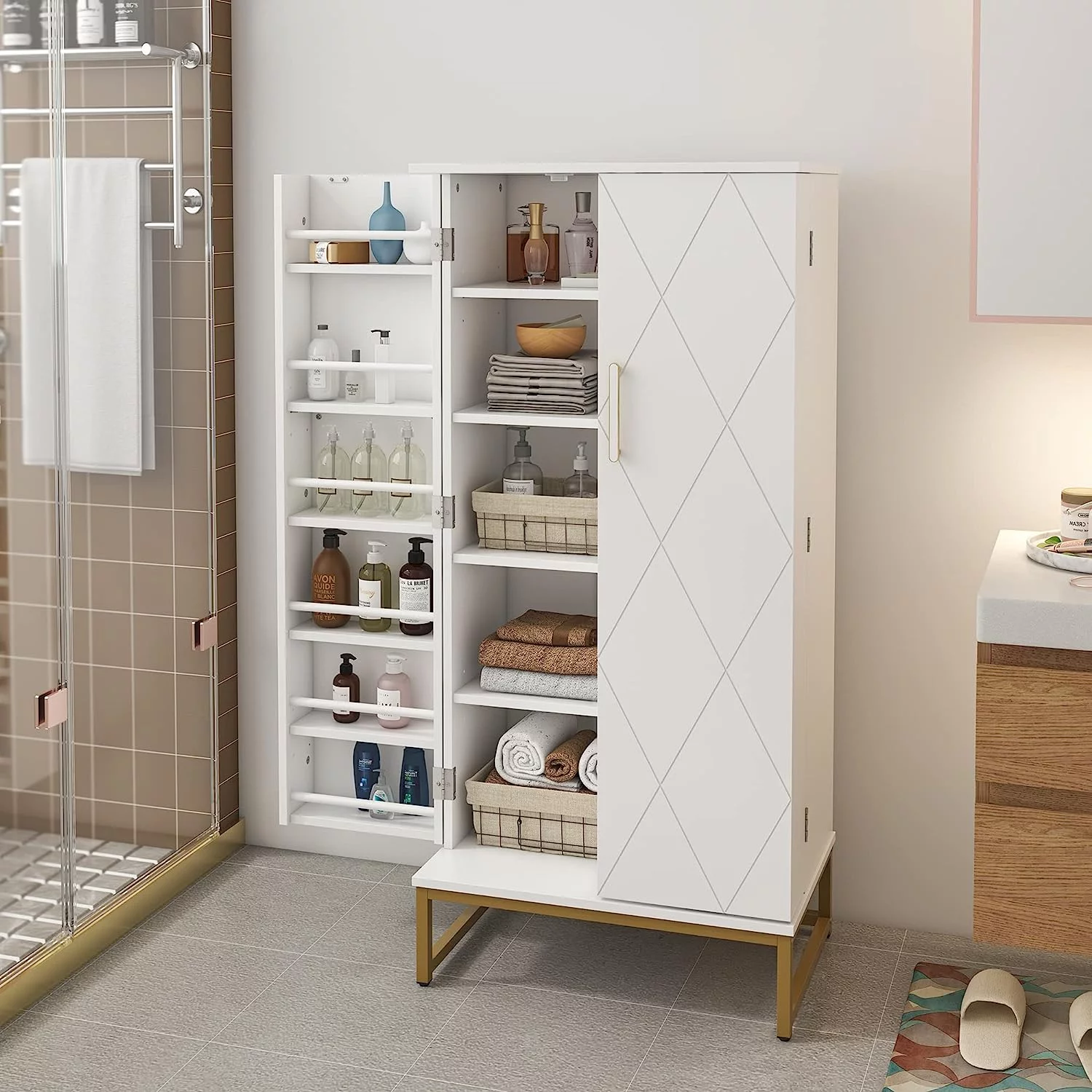 51” Pantry Cabinets, White Freestanding Kitchen Pantry Storage Cabinet with Adjustable Shelves, Buffet Cupboards Storage Cabinet for Home Office Use, White + Gold