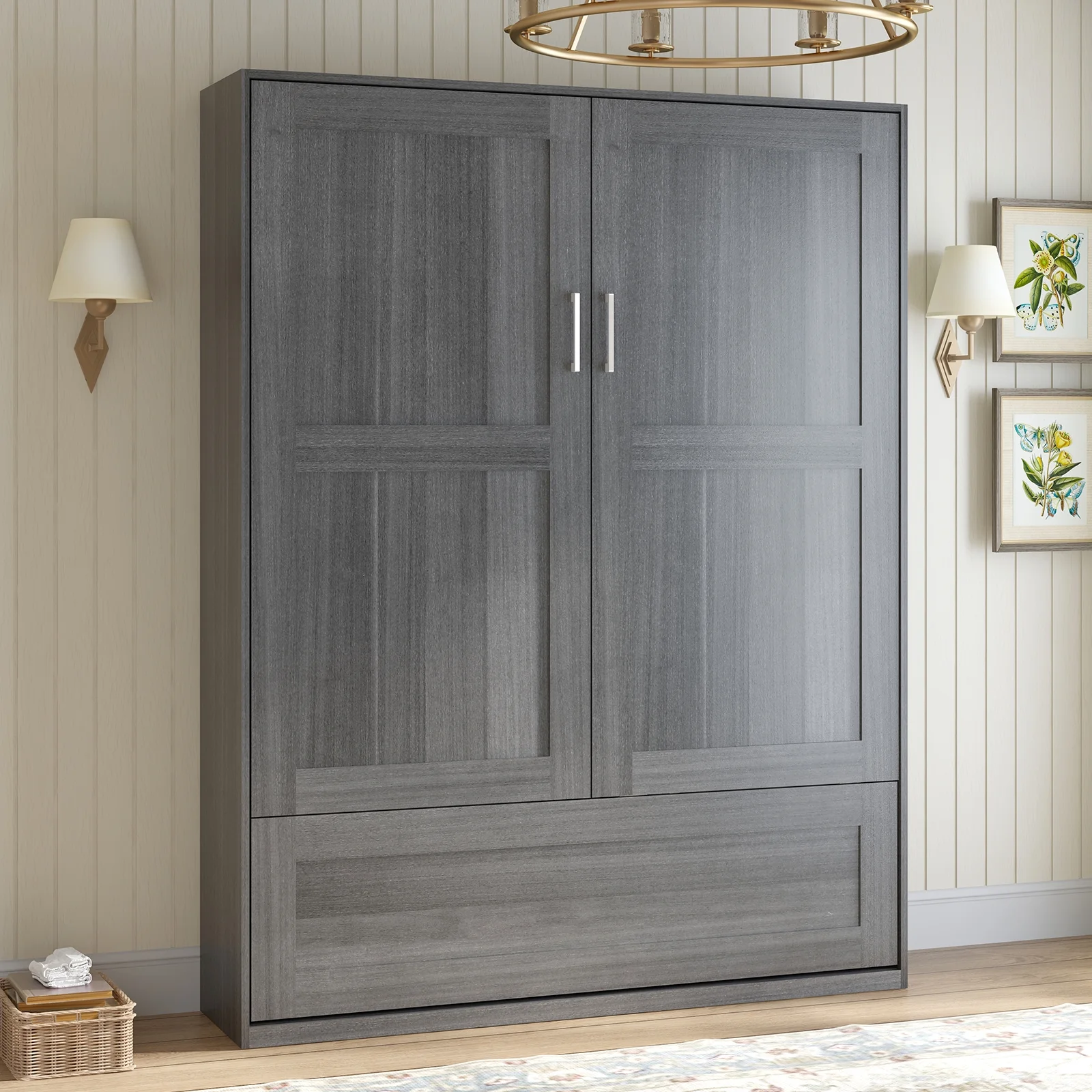 MUZZ Murphy Bed with Wardrobe, Foldable Wall Bed with Space Saving Design, Fold up Murphy Bed Cabinet for Storage, Multifunctional Cabinet Bed for Bedroom/Apartment(Style6,DarkGrey)