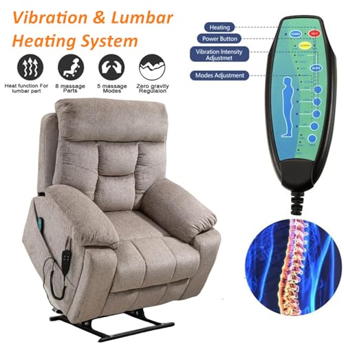 Light Grey Recliner Chair for Elderly | Tall and Big Man 400lbs | Chenille | Power Lift, Lay Flat, Stand Up, Wireless Charging Device, Extended Footrest, Massage Heat, Cup Holder, Lumbar Pillow