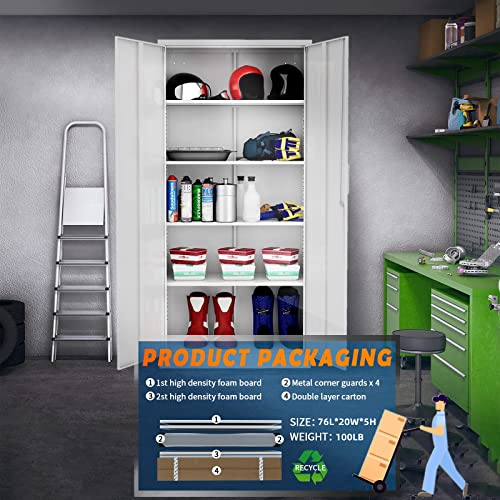 Yizosh Metal Garage Storage Cabinet with 2 Doors and 5 Adjustable Shelves - 71" Steel Lockable File Cabinet,Locking Tool Cabinets for Office,Home,Garage,Gym,School (Gray White)