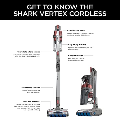 Shark IZ483H Vertex Cordless Stick Vacuum with DuoClean PowerFins, MultiFLEX, Crevice Tool, Pet Multi-Tool & Anti-Allergen Brush, 120-min Runtime, Double Battery, Rosewood,Red