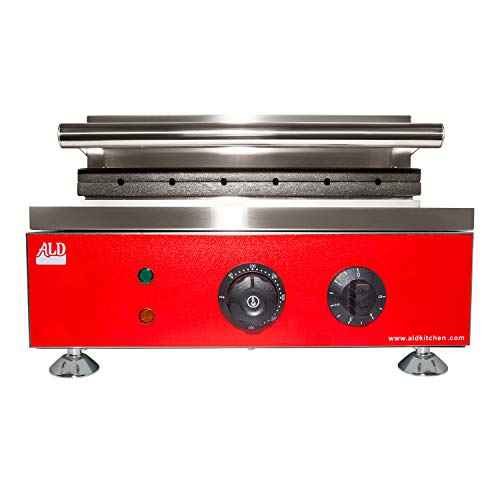 ALDKitchen Waffle Dog Maker | Corn Dog Maker with Red Panel for Business | Stainless Steel | Waffles on a Stick | 110V (5 Waffles)