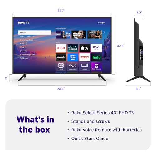 Roku Smart TV 2025 – 40-Inch Select Series, 1080p Full HD TV – RokuTV with Voice Remote – Flat Screen LED Television with Wi-Fi for Streaming Live Local News, Sports, Family Entertainment