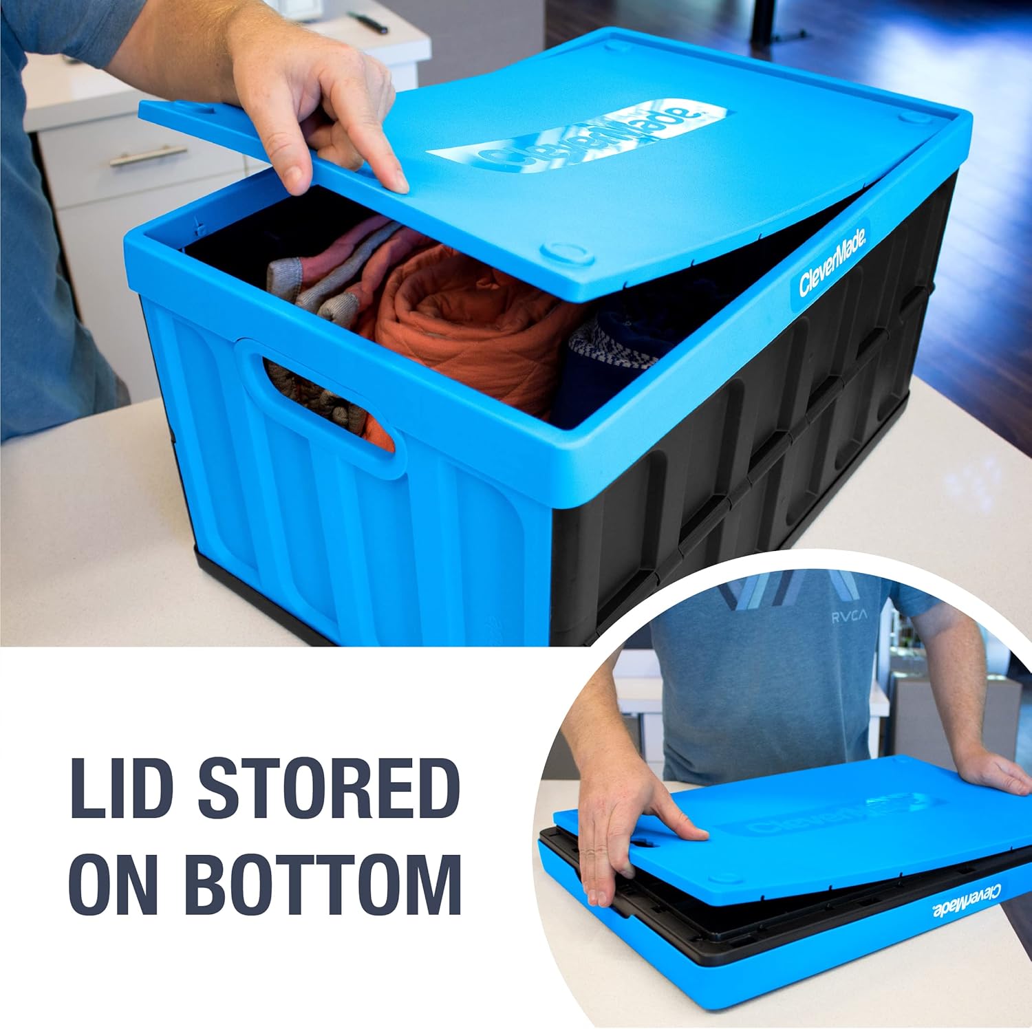 CleverMade 62L Collapsible Storage Bins (3 Pack) + Lids - Foldable Plastic Utility Crates for Organizing