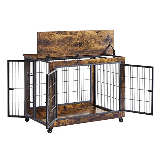 IchbinGo Wooden Dog Crate Table Furniture, 38.5" Dog Kennel with 3 Doors, Flip-up Top Opening and Wheels, Decorative Pet Crate Dog House for Large/Medium/Small Dog Indoor Use (Rustic Brown)