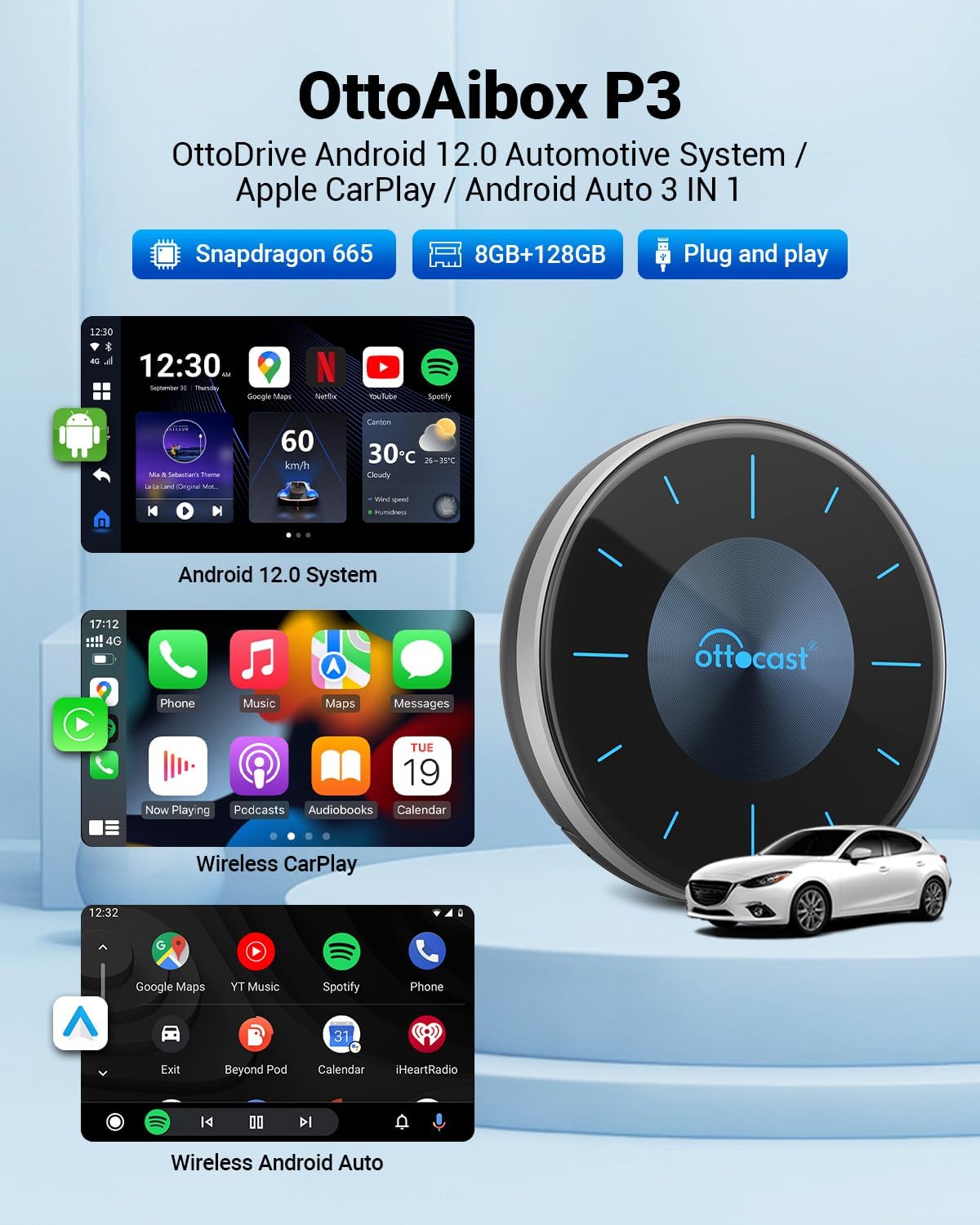 OTTOCAST P3 CarPlay AI Box with Smart Remote - 2023 Android 12.0 CarPlay Video Adapter Wireless CarPlay Android Auto Dongle HDMI Output, YouTube Netflix Disney+ Tiktok Streaming Videos