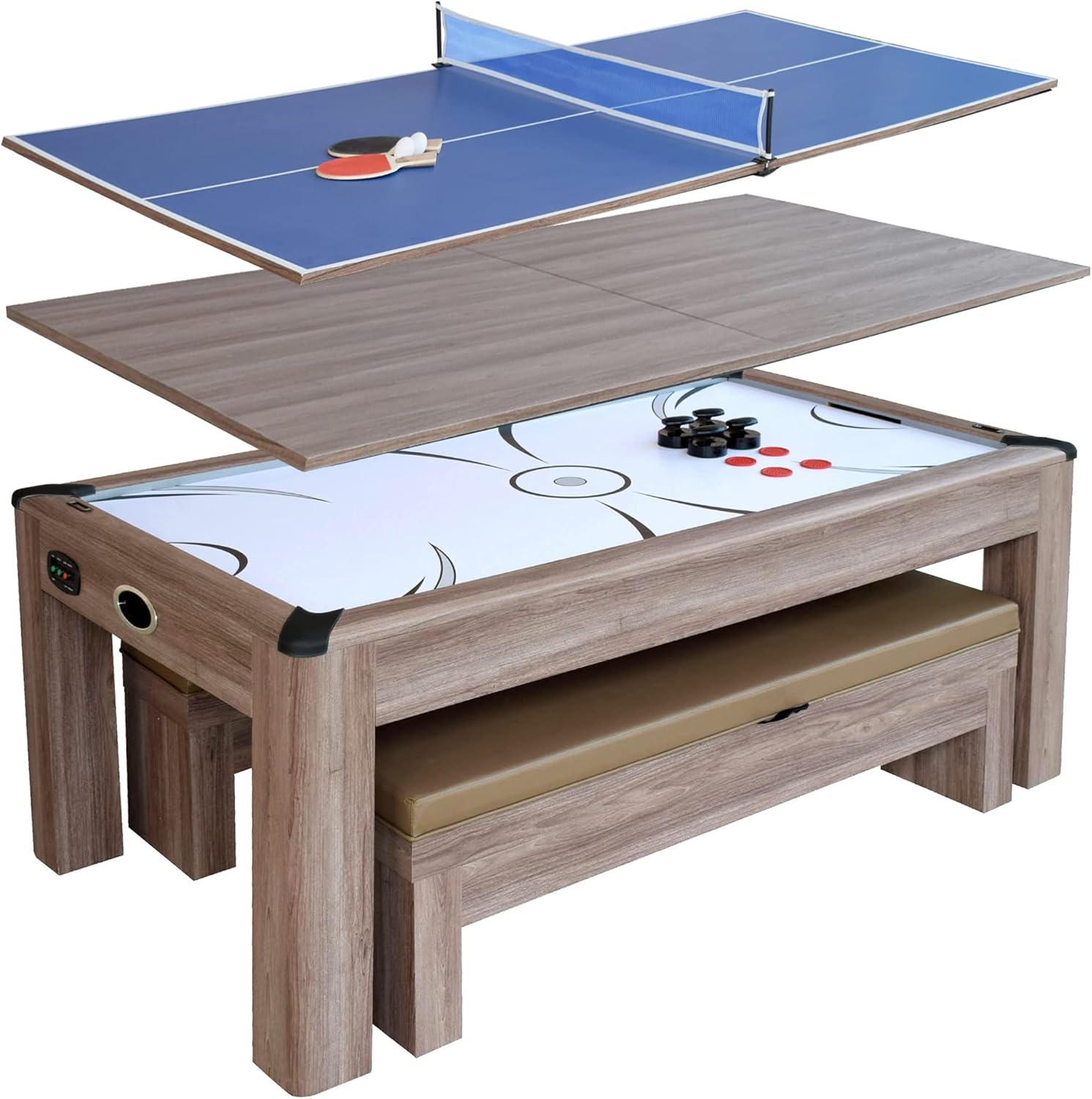 Hathaway Driftwood 7-ft Air Hockey Table Tennis Combination with Dining Top, Two Storage Benches, Free Accessories