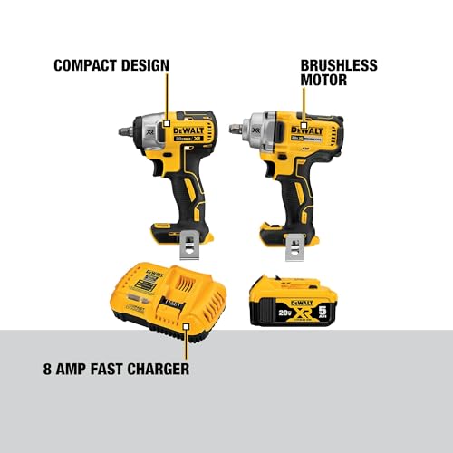 DEWALT 20V MAX Impact Wrench, Cordless 2-Tool Combo Kit, 1/2-Inch Mid-Range and 3/8-inch Compact with 5ah Battery and Charger (DCK205P1)