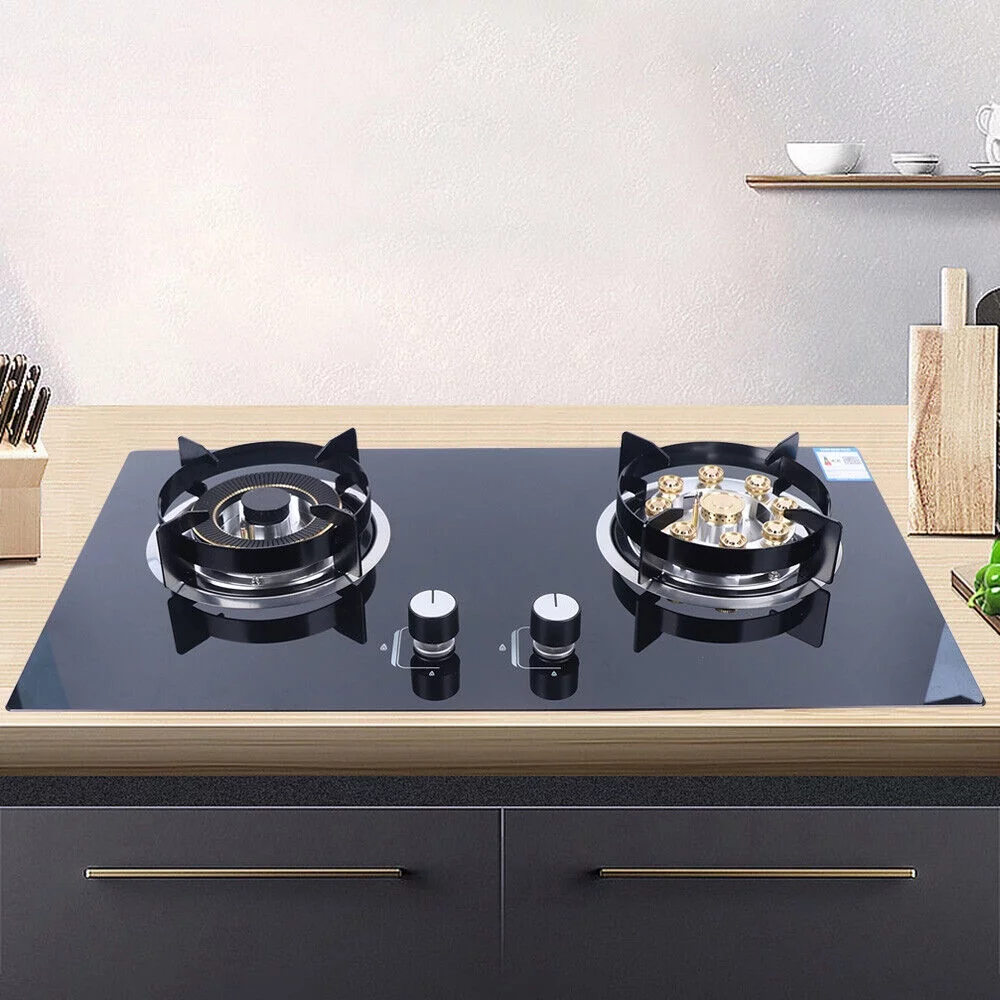 Miumaeov 28" Black Tempered Glass Panel Built-in Gas Cooktop Dual Fuel Cooktops with Strong Flame Natural Gas Stove Countertop Gas Hob 2 Burners Cooktops Gas Cooker for Griddle Pan